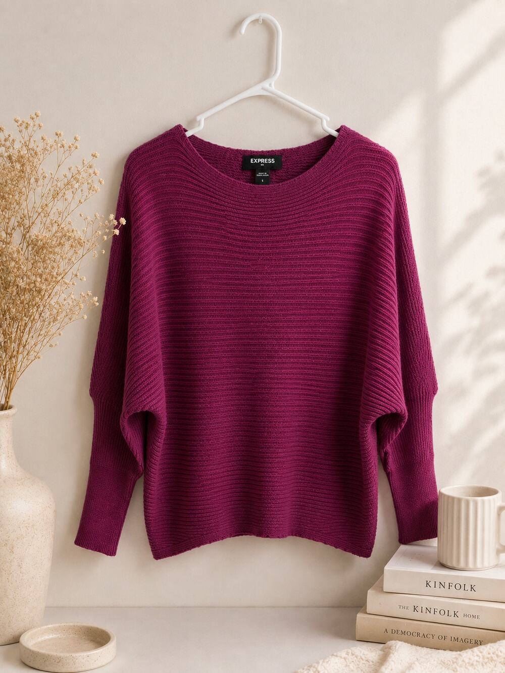 Express Small Magenta Ribbed Knit Dolman Sleeve Sweater